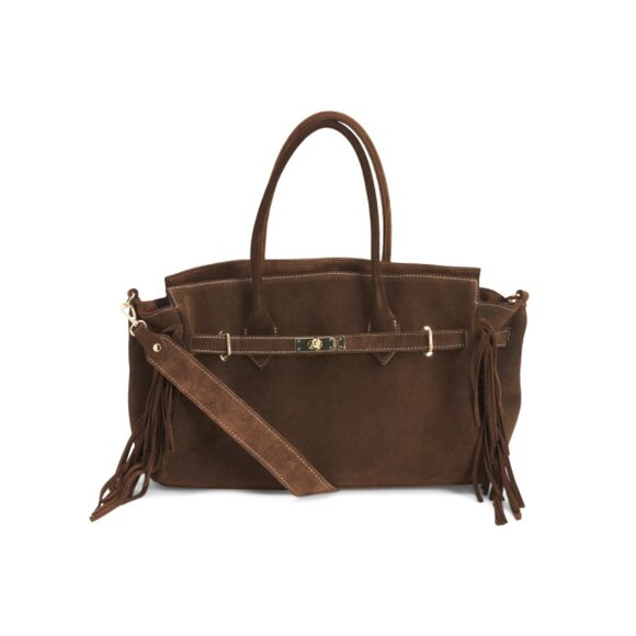 MARLON Chocolate Made In Italy Suede Large Franges East West Tote - Picture 1 of 2